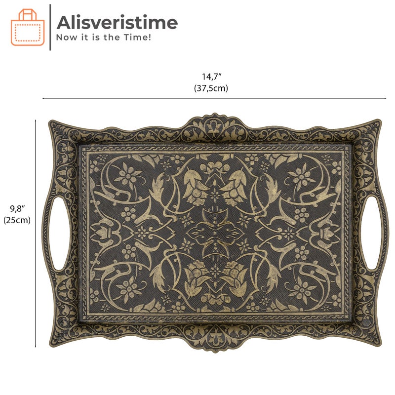 Alisveristime عليسرفيستيم صينية تقديم عثمانية تركية من الزمك مع نقوش تقليدية، مثالية للقهوة والشاي - صينية لستة أشخاص (14.5 x 9.85 بوصة) (أخضر عتيق) - Image 3